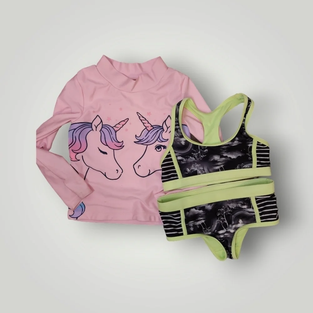 Girls bathing suit lot unicorn rashguard and two piece sizd 5 4/5